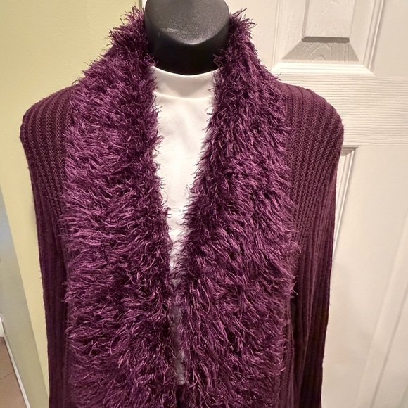 Women's Purple Open Front w/A FauxFur Collar Knitted Cardigan Sweater Midlength - Picture 2 of 5